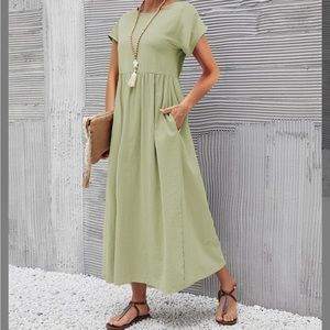LaMode Green Pleated Short Sleeve Midi Dress w/Pockets Size XXL